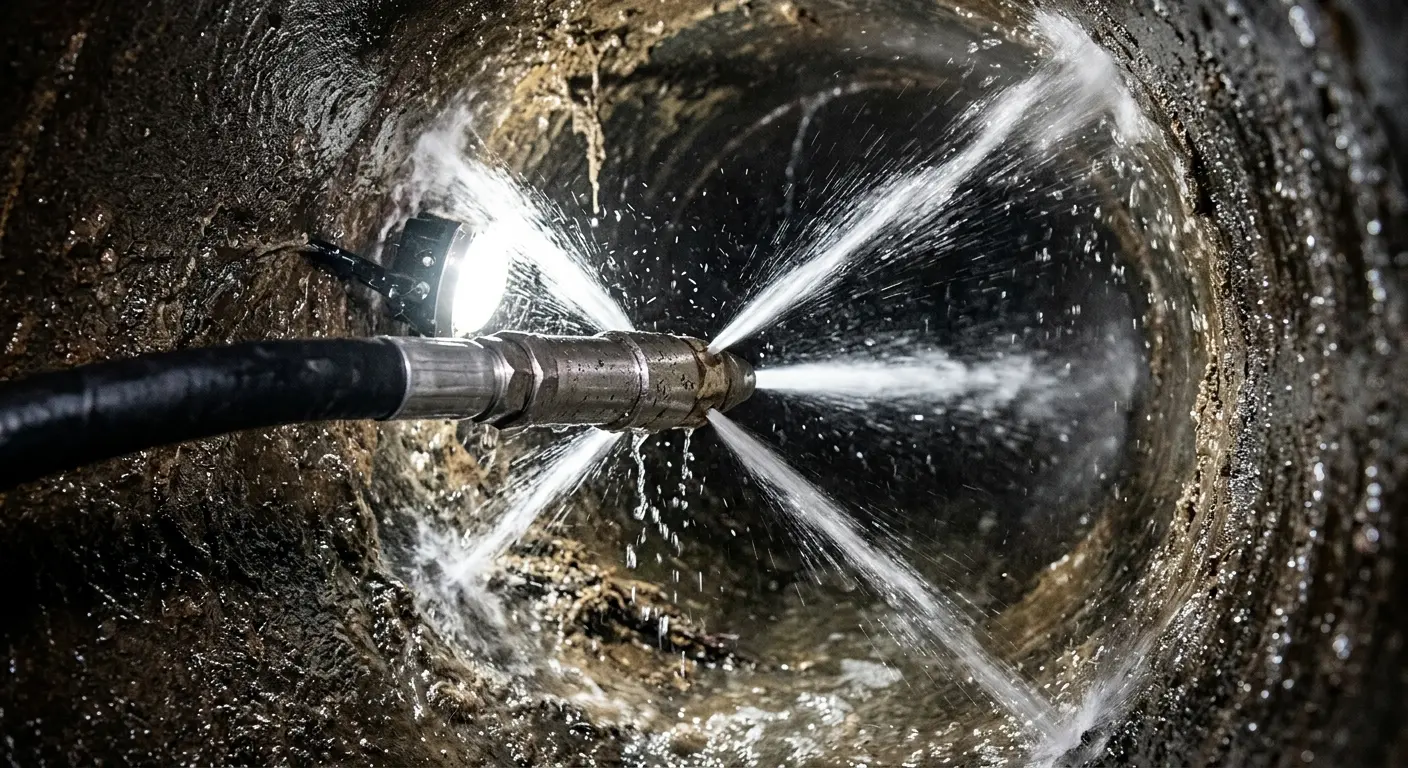 High-pressure hydro jetting nozzle cleaning sewer pipe for Storm Drain Cleaning in Chestertown
