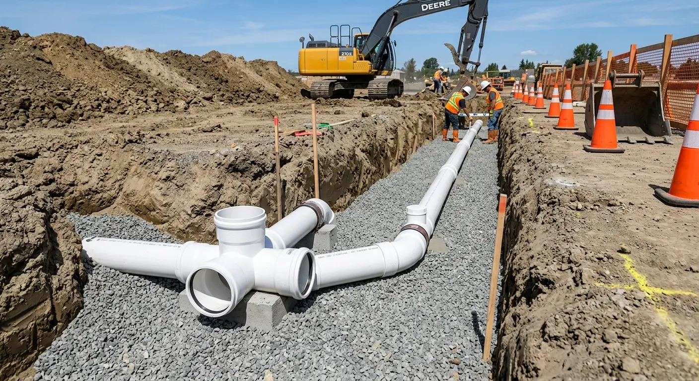 New PVC sewer pipe installation in open trench for Sewer Backup in Chestertown