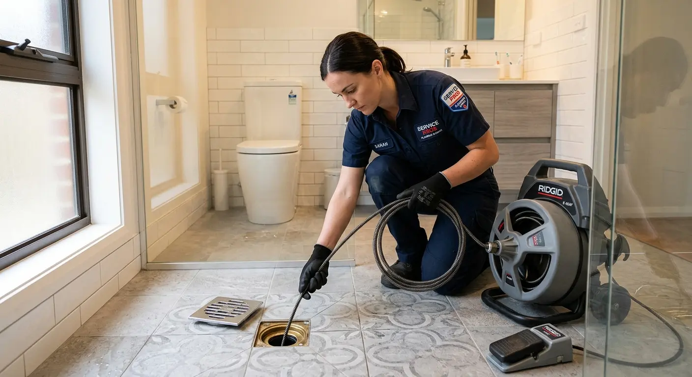 Technician clearing a bathroom floor drain for Drain Cleaning in Chestertown